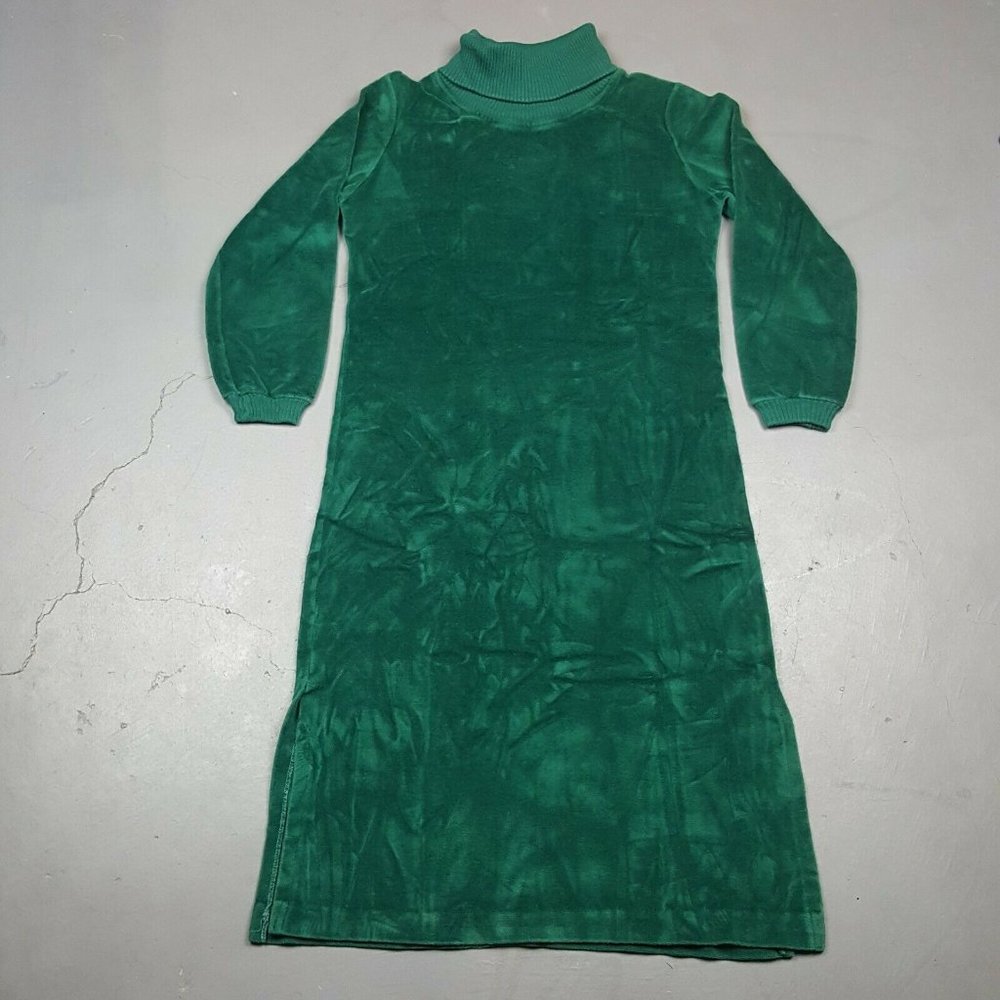 Vtg 70s Turtle Neck Velour Dress Womens Size 5 Green Long Sleeve Pull Over ILGWU